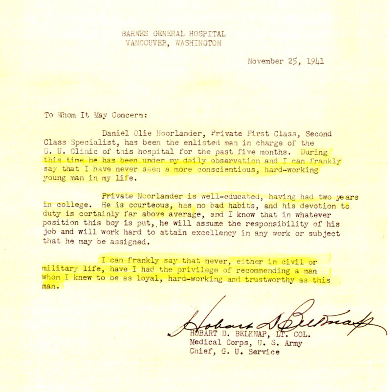 Colonel Hobart D. Belknap's recommendation letter