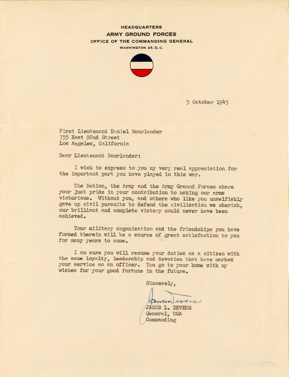 General Devers Commendation Letter